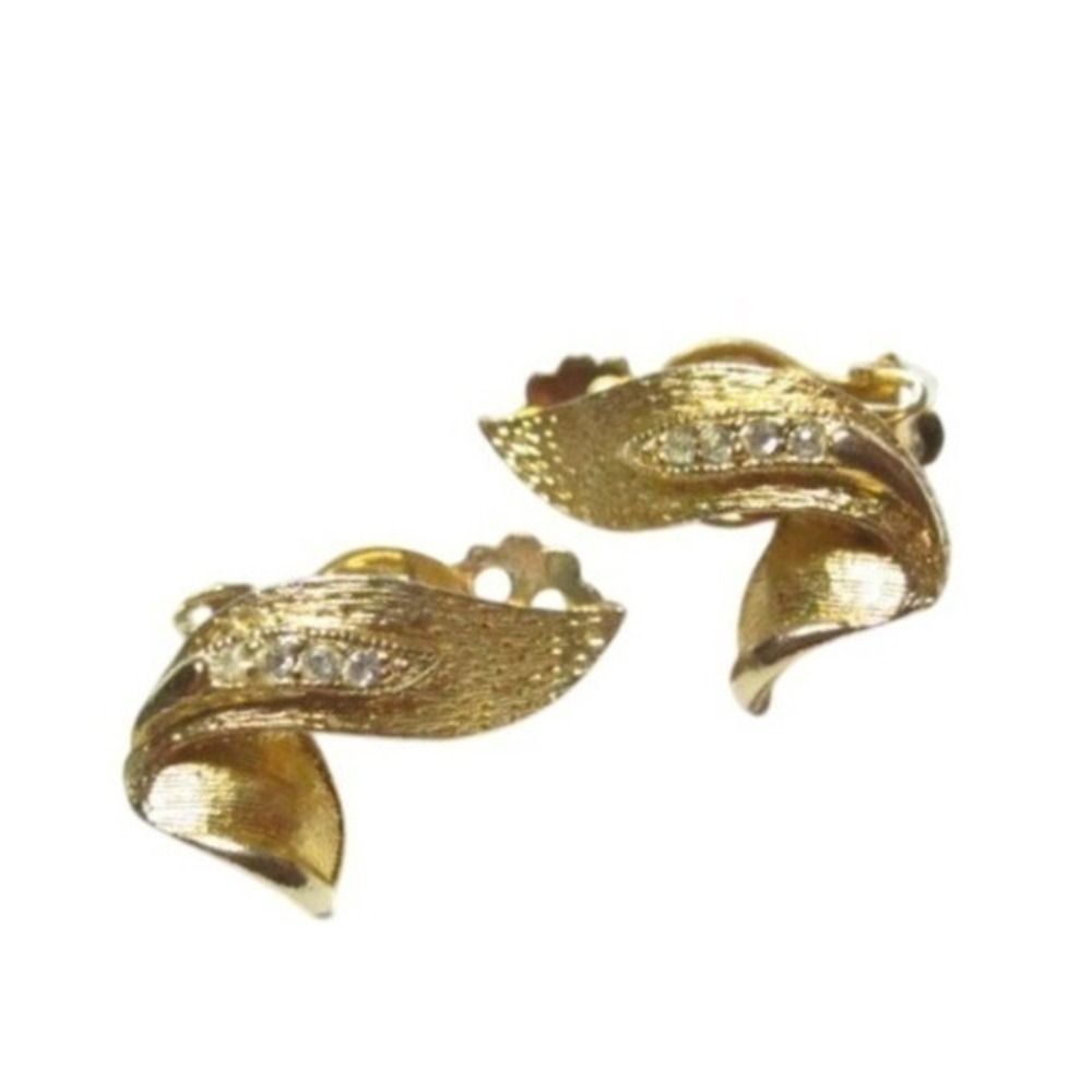 Vintage Floral Leaf Swirl Design Small Clear Rhinestones Clip On Earrings